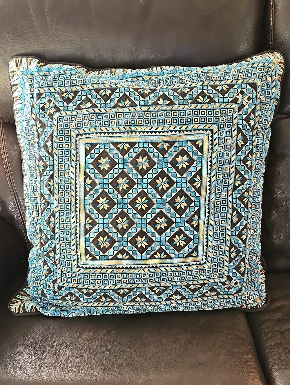 Decorative Blue Patterned Throw Pillow Cover with Geometric Medallion